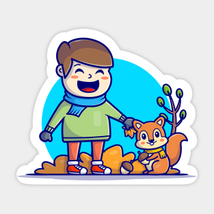 Happy Cute Boy with Cute Squirrel and Acorns Cartoon Vector Icon Illustration Sticker